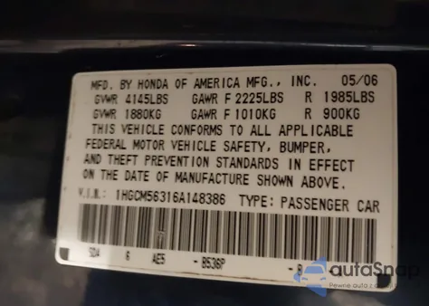 2006 Honda Accord 2.4 Se z USA, uszkodzony, nr VIN 1HGCM56316A148386